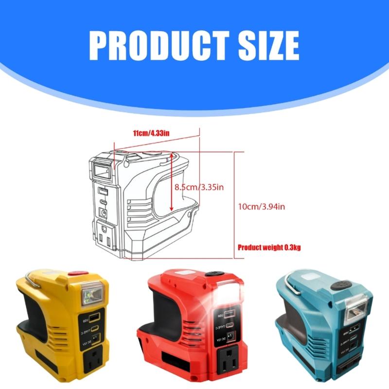 Lightweight 220W Power Inverter with LED Work Light Easy Carry  Power Stations Emergency Backups  Power for 18V Battery