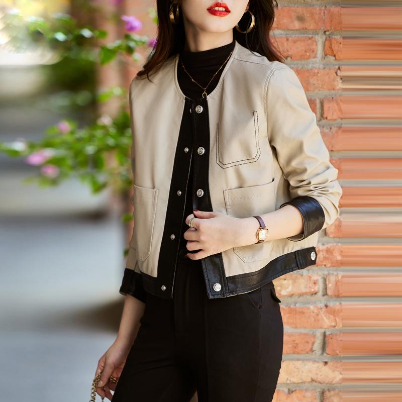 

Женская короткая кожаная куртка - Мода весна/осень 2022, Повседневный мотоциклетный стиль M бежевый