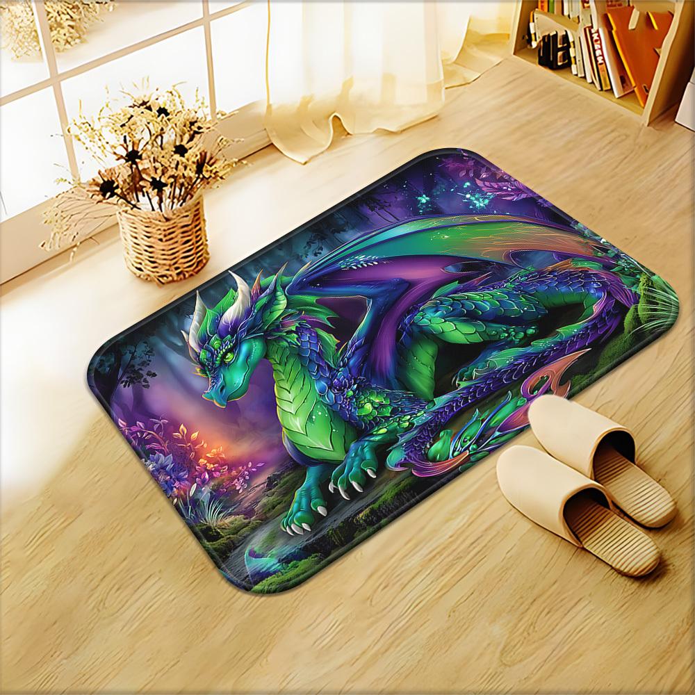Green and Purple Dragon Rug - Fantasy Animal Non-Slip Floor Mat for Bedroom - Washable Indoor Outdoor Entryway Carpet Rug