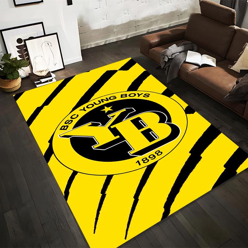 Yellow-Black Striped Logo Design Rug Non-slip rug suitable for living room and bedroom sofas.
