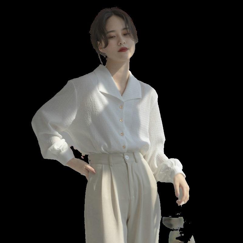 Spring and Autumn  Textured Muscle Lapel Shirt Female Long-sleeved Loose Casual Design Sense Niche Shirt