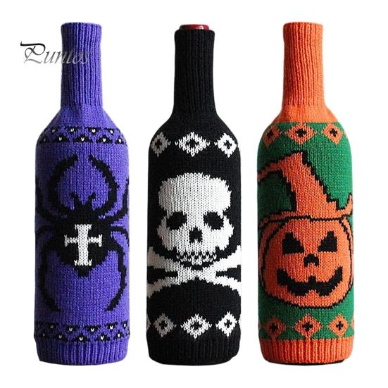 Spider Web Wine Decoration Halloween Bottle Sweater, Reusable Knitted Champagne Cover, Pumpkin Skull Cover Pattern Sleeve for Dining Room Table Decor
