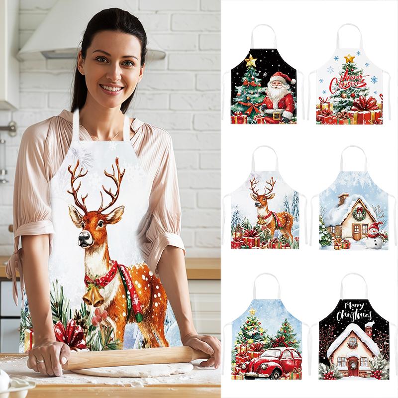 1PC Cartoon Print Waterproof Apron Protective Party Breathable Kitchen Adjustable Santa Claus Stain-Resistant 68x55cm