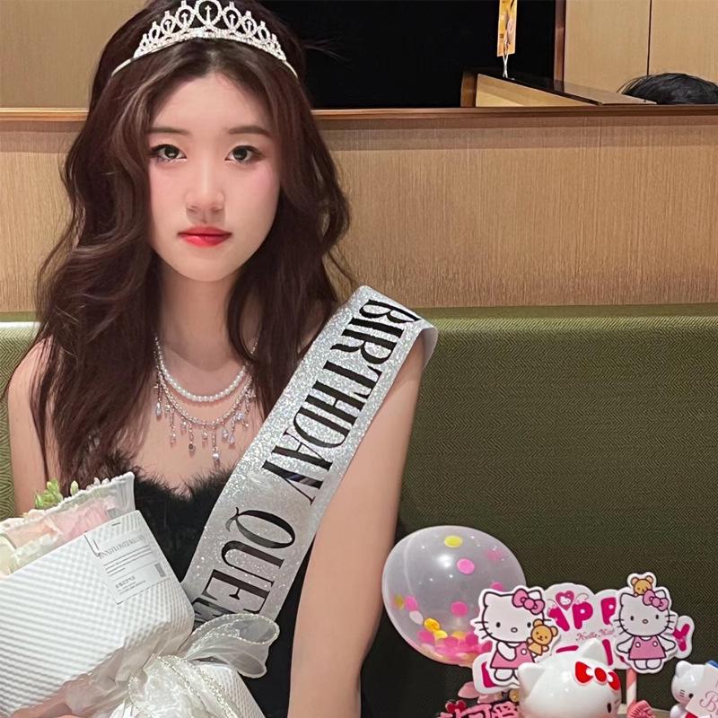 Cross-border Crown Headpiece & Etiquette Sash Set for Birthday & Party Photo Props