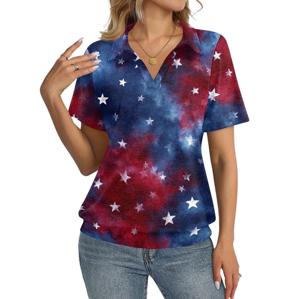 Women's Casual Short Sleeve Polo Shirt with Independence Day Print Collared Top Lightweight Breathable Summer Tee