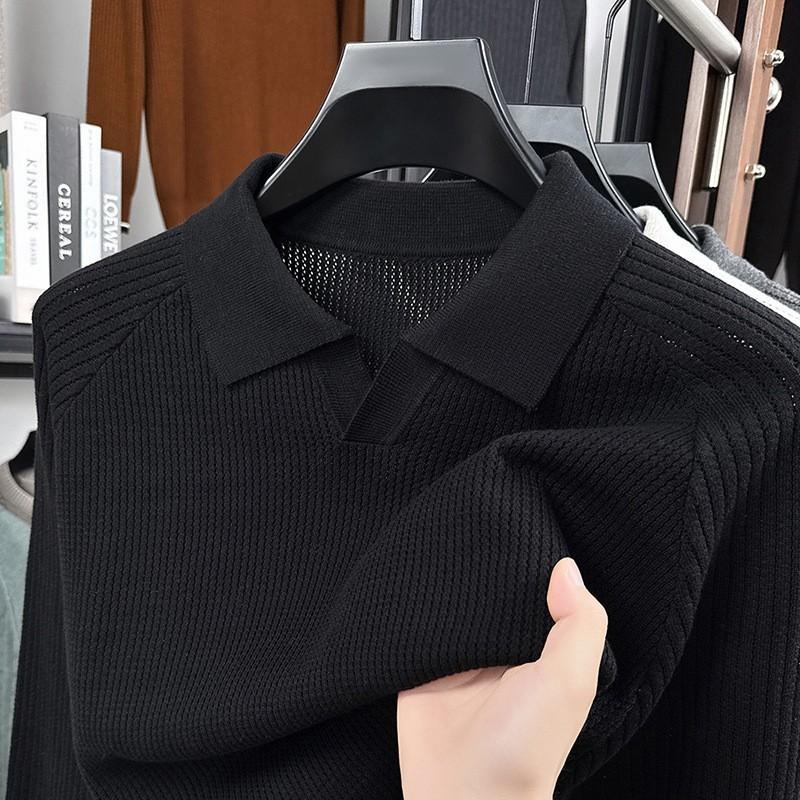 Pure Cotton Long-Sleeve Knit Polo Shirt For Men, Spring/Autumn Trendy Versatile Scissor Collar Base Layer, Elegant Top