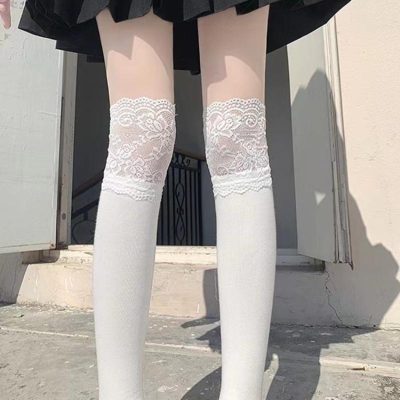 Meias Femininas Outono/Inverno Até à Coxa Renda Fofa Lolita Quentes Meias Pretas Brancas Meias Longas de Perna para Menina Acessórios para Botas