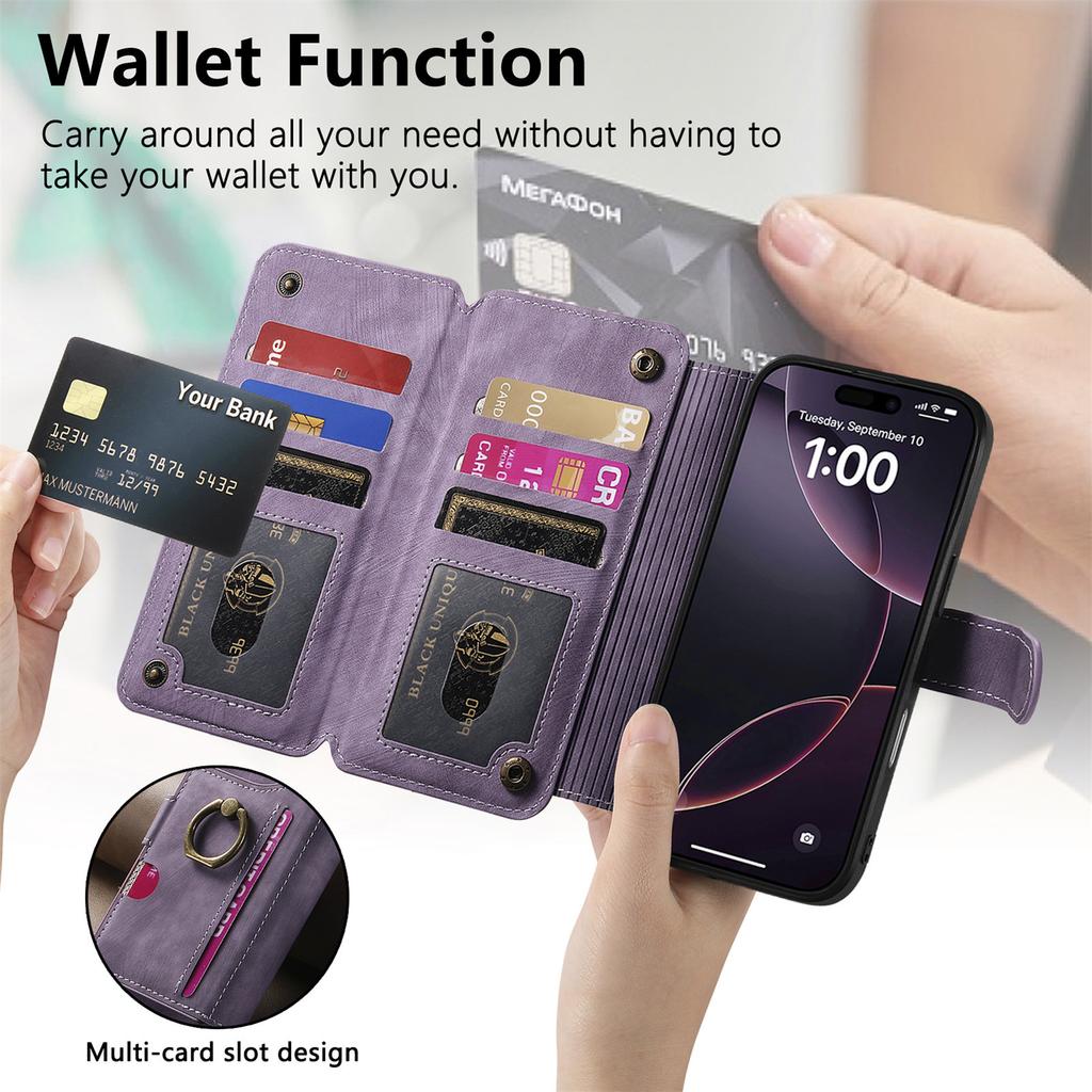 4-in-1 Wallet Case for iPhone XS/11/12/13/14/15/16/17 Series (Protector, Card Holder, Crossbody Bag, Stand)