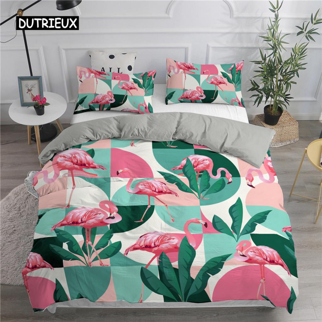 Cartoon Pink Flamingo Bedding Set Girls Kids Teens Cute Duvet Cover Set Single Twin Queen King Size 2/3pcs Polyester Quilt Cover