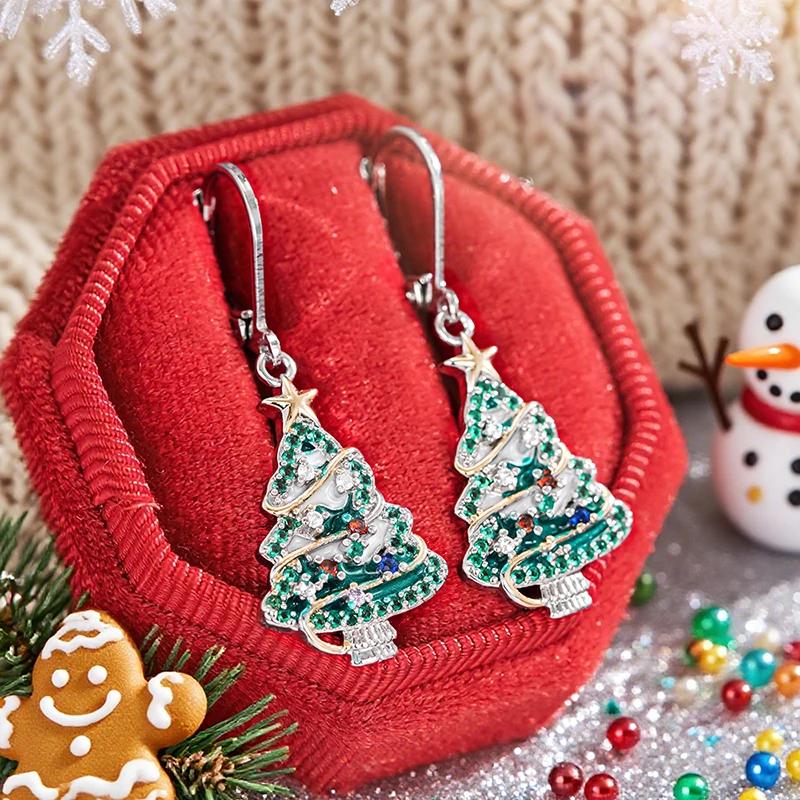 Huitan Creative Christmas Tree Drop Earrings for Women Gorgeous Brilliant Ear Accessories for Party Modern Stylish Chic