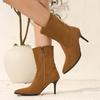 Versatile Short Pile Boots Thin Heel High Heel Western Cowboy Boots Short Boots  Apricot Skinny Medium Boots