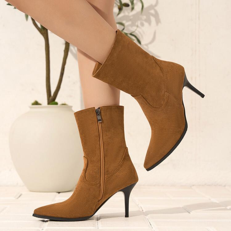 Versatile Short Pile Boots Thin Heel High Heel Western Cowboy Boots Short Boots  Apricot Skinny Medium Boots
