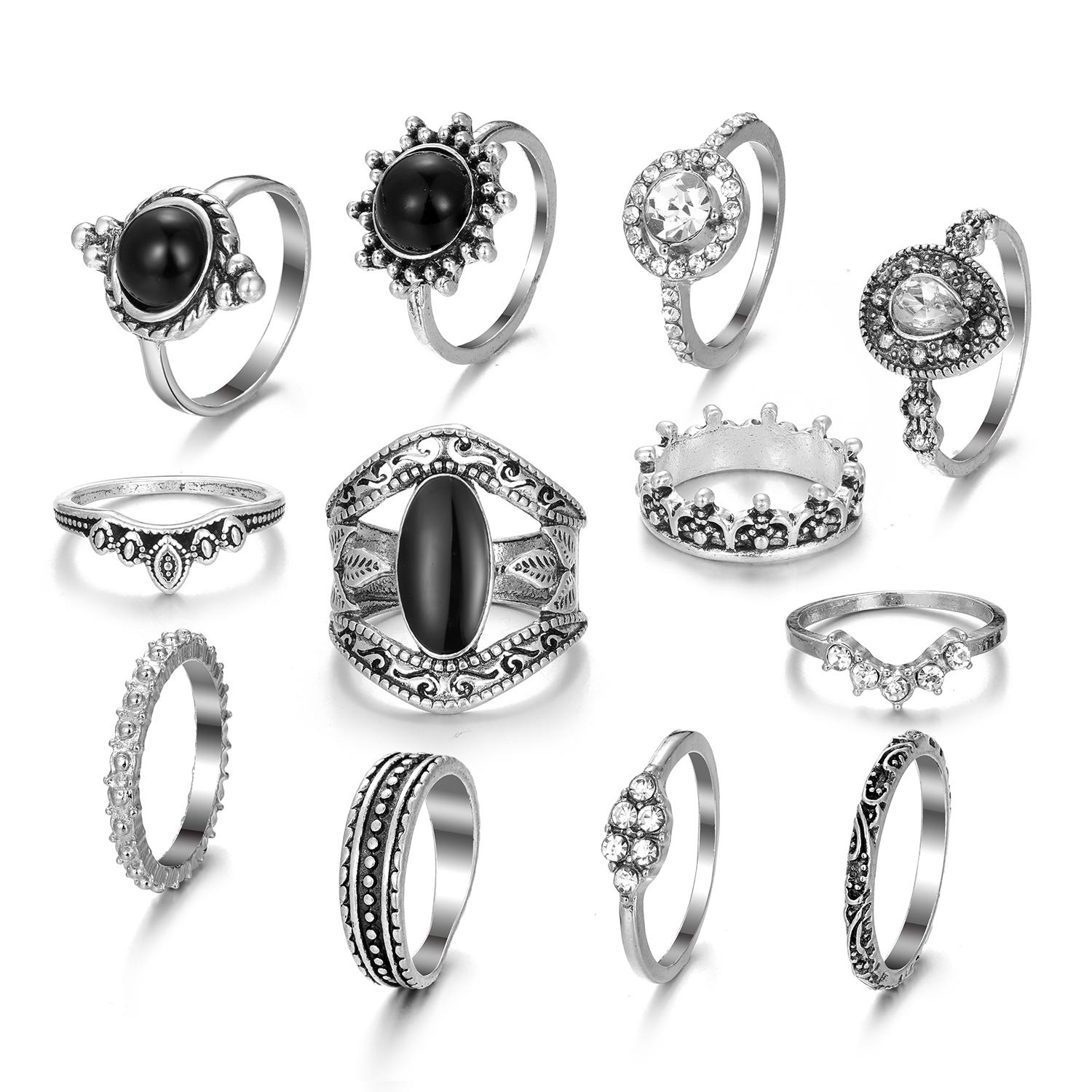 

12 шт./компл. женское кольцо с кристаллами и бриллиантами, богемный панк-женский комплект колец, ювелирное кольцо серебряный