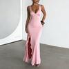 JY European and American Style Sexy V-neck Ruffle Edge Split Dress Spring and Summer New Slim Suspender Dress