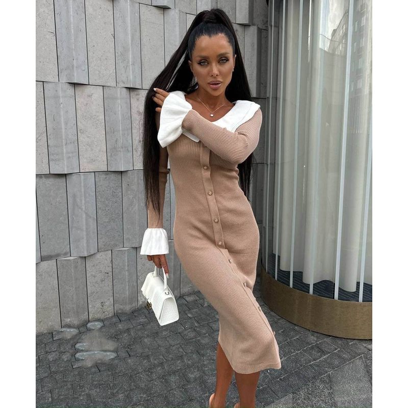 

2025 Europe and America Cross Border New Fashion Women s Clothing Patchwork Contrast Color Lapels Knitting Dress Female Slim Fit Skirt Khaki
