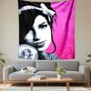 Stylized portrait on a vibrant pink background with bold black outlines. Patterned tapestry for bedroom and living room home decor