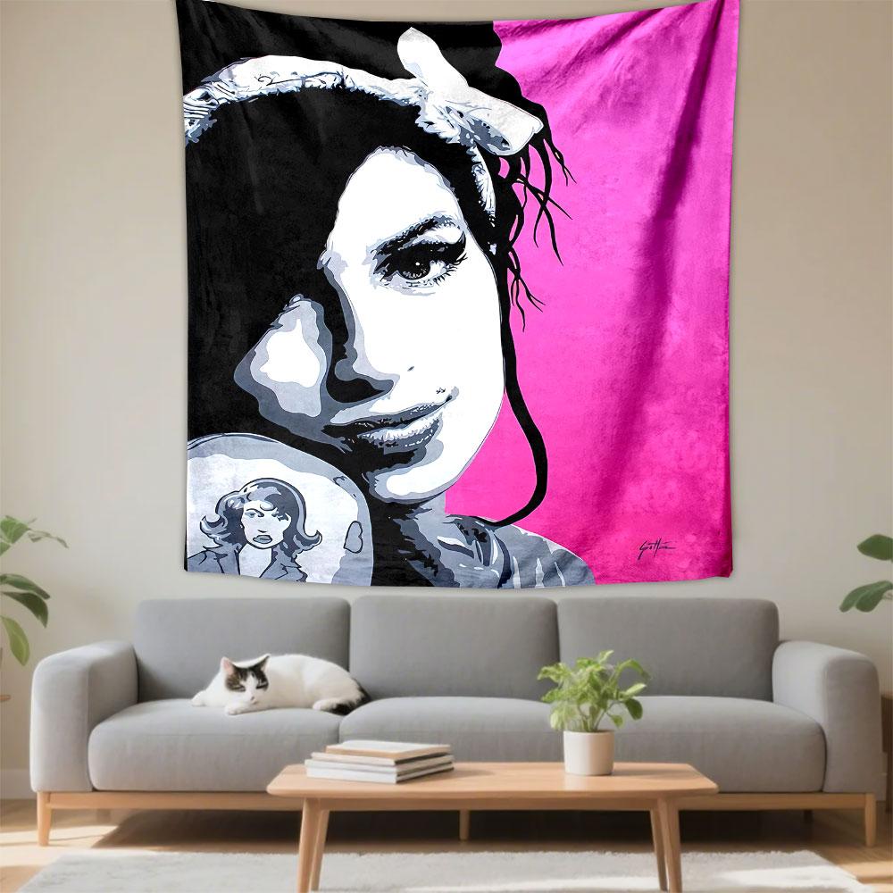 Stylized portrait on a vibrant pink background with bold black outlines. Patterned tapestry for bedroom and living room home decor