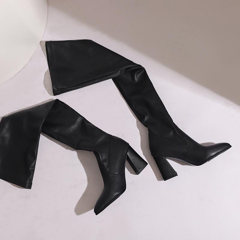 Women's High-heeled Boots Sexy European and American Style Pointed Thick Heel Solid Color Large Size Knee Elastic Boots