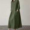 Women Casual O-neck 3/4 Sleeve Cotton Long Dress