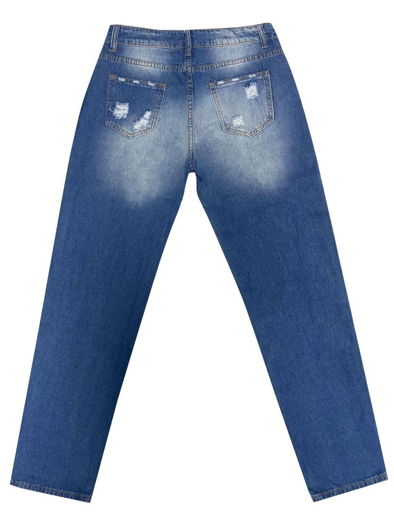 2023 Women's European and American Straight-Leg Jeans with Patch Print and Ripped Design