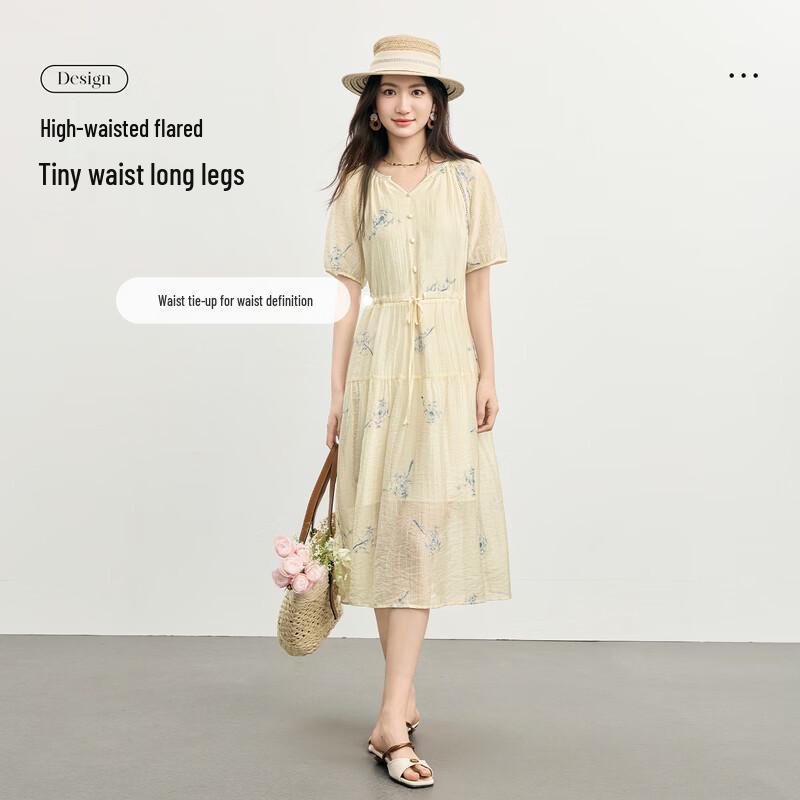 Women's Lyocell Tencel Puff Sleeve Embroidered V-Neck Dress