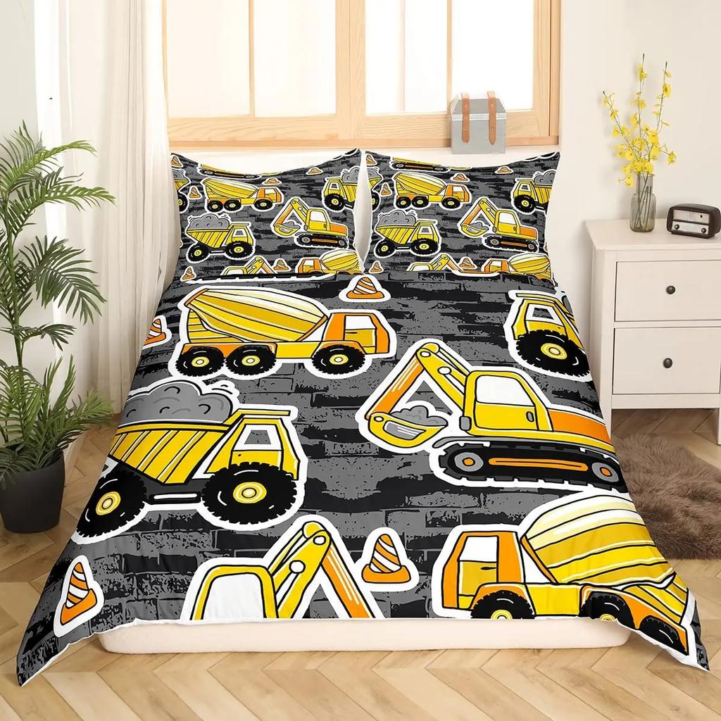 Construction Vehicles Truck Car Bedding Set Boys Excavator Duvet Cover Kids Cartoon Tractor Truck Soft Polyester Comforter Cover