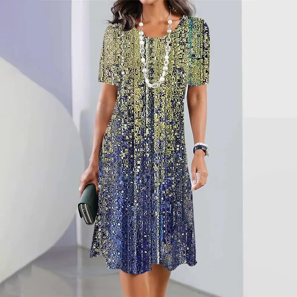 Womens Dresses 3d Gradient Geometric Printhing Dress Crushed Flower Short Sleeves Party Clothing Elegant Tops Retro A-Line Skirt