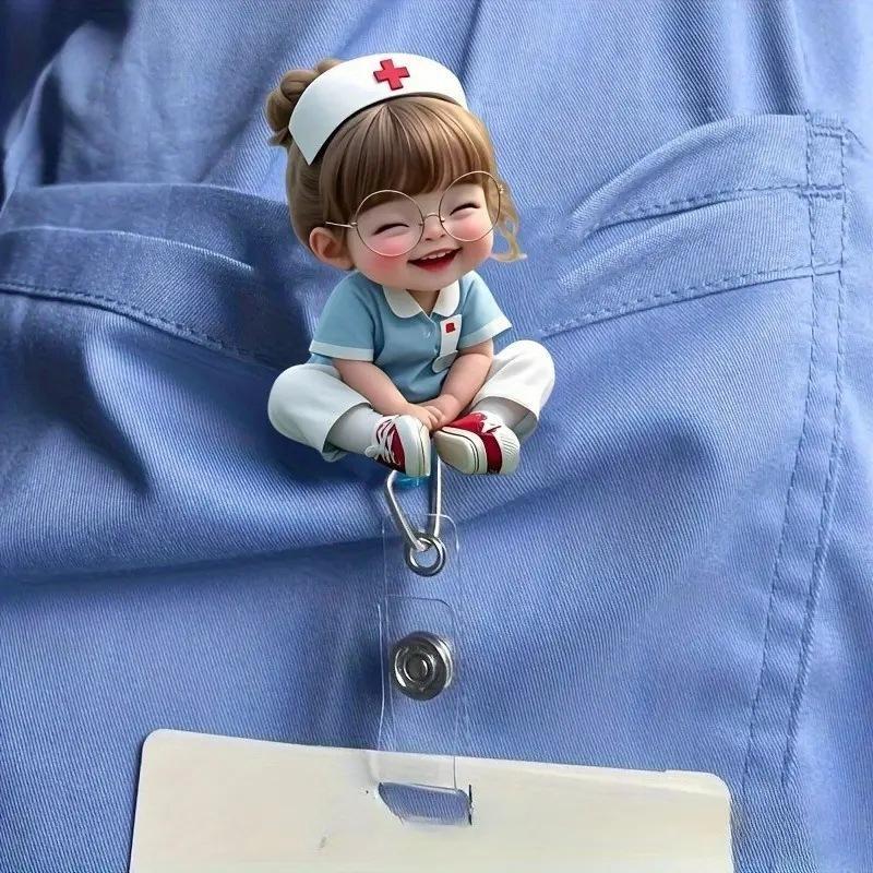 Fivela retrátil médica dos desenhos animados médico enfermeira licença de trabalho cordão criativo fácil de puxar fivela certificado marca nome