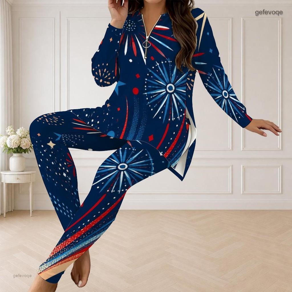 Women Plus Size Printed Two Piece Set Half Zip Long Sleeve Longline Top Fitted Long Pants