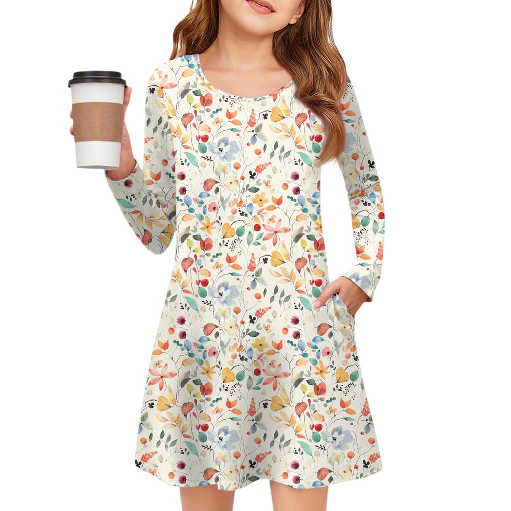 Girls' Long Sleeve Dress - Color Pocket Dress
