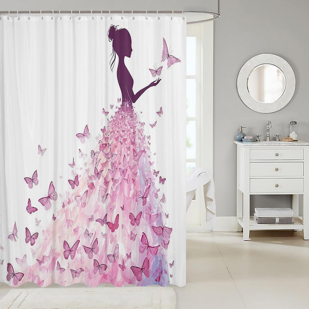 Butterfly Princess Shower Curtain Pink Silhouette Art Romantic Bathroom Decor Linen180X210