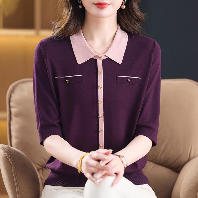 

Mid-Aged Women s Spring Five-Sleeve Lapel Knit Pullover 2026 - New Loose Fit for Spring/Summer L (80-100 lbs)