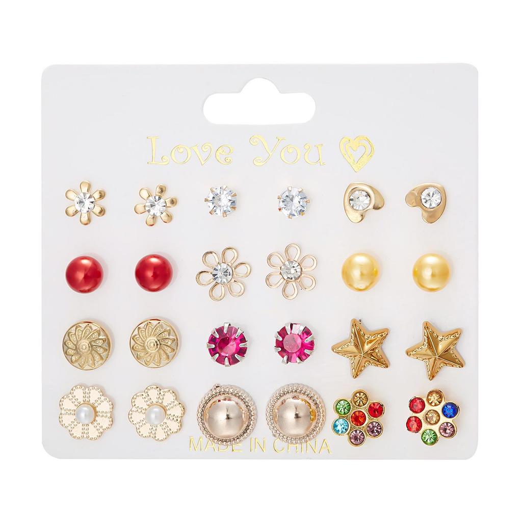 12-Pair Rhinestone Stud Earrings Set: Flower, Heart, Star & Moon Designs