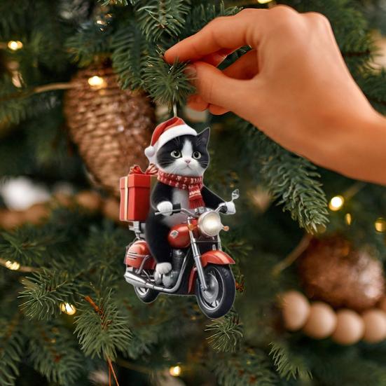 Motorcycle Cat Acrylic Hanging Decoration Home Indoor Christmas Tree Car Rearview Mirror 2D Flat Riding Kitten Hanging Ornament Cartoon Animal Pendant