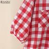 ZANZEA Women Loose Round Neck 3/4 Sleeve Casual Grid Print Blouse