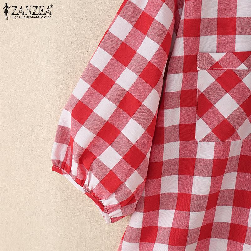 ZANZEA Women Loose Round Neck 3/4 Sleeve Casual Grid Print Blouse
