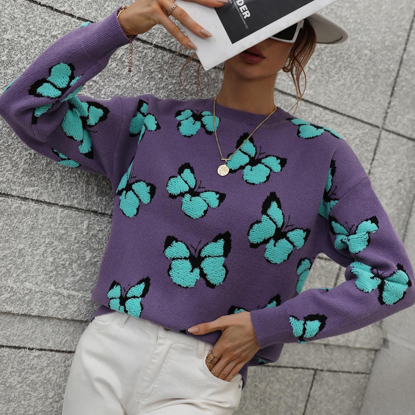 Модный осенне-зимний свитер, женский новый свободный повседневный свитер с круглым вырезом и длинными рукавами с принтом бабочки S фиолетовый