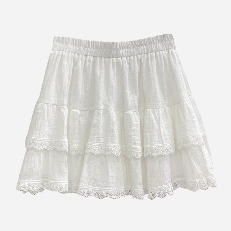 2025 Summer Women's High-Waist Slimming A-Line Mini Skirt: White Lace Layered Ballet Style