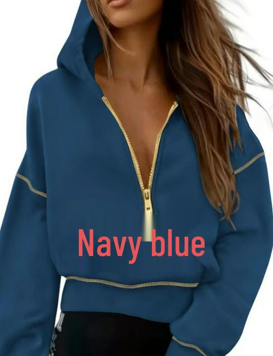 

Женский укороченный свитшот с капюшоном, длинным рукавом и молнией до середины - Повседневная осенне-зимняя мода 2025 Extra Large темно-синий