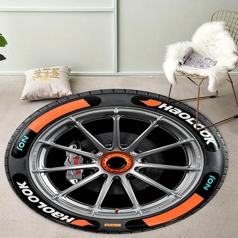 Silvery Black Wheels Printing Round Carpet Living Room Bedroom Kitchen Bathroom Floor Mat Soft Circle Rug Birthday Decor