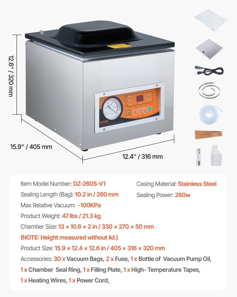 Kammer-Vakuumierer, 260W Siegelkraft, Vakuumverpackungsmaschine für feuchte Lebensmittel, Fleisch, Marinaden und mehr, Kompakte Größe mit 26 cm Siegelbreite,