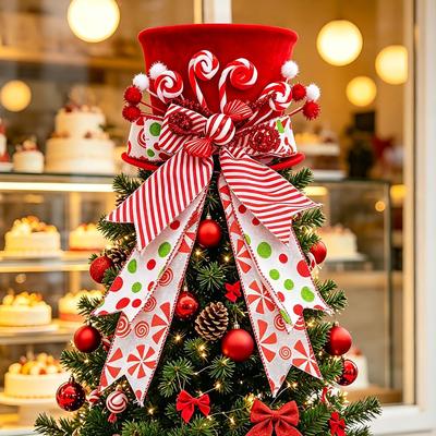 Red Hat Tree Top Hat Shrinkable Spring Bow Christmas Tree Gift Hat Decorative Hat Christmas Tree