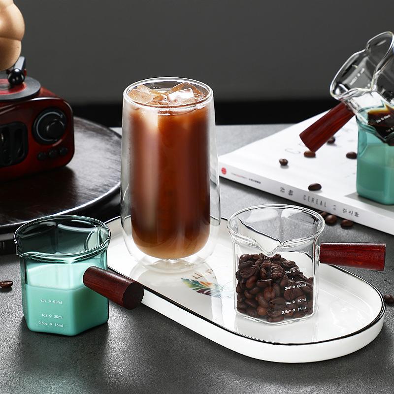 120Ml Wood Handle Glass Espresso Measuring Cup Coffee Extraction Cup With Scale High Temperature Resistance Milk Jug Measure Mug