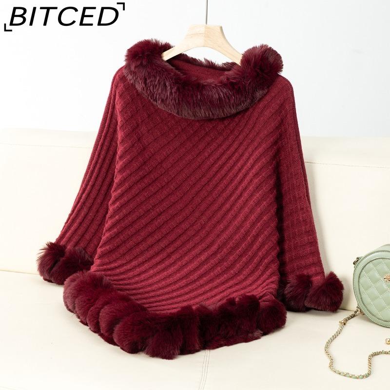 BITCED Solid Colour Wool-Trimmed Pullover for Women Autumn/Winter Thick Vintage Check Knitted Cape Shawl