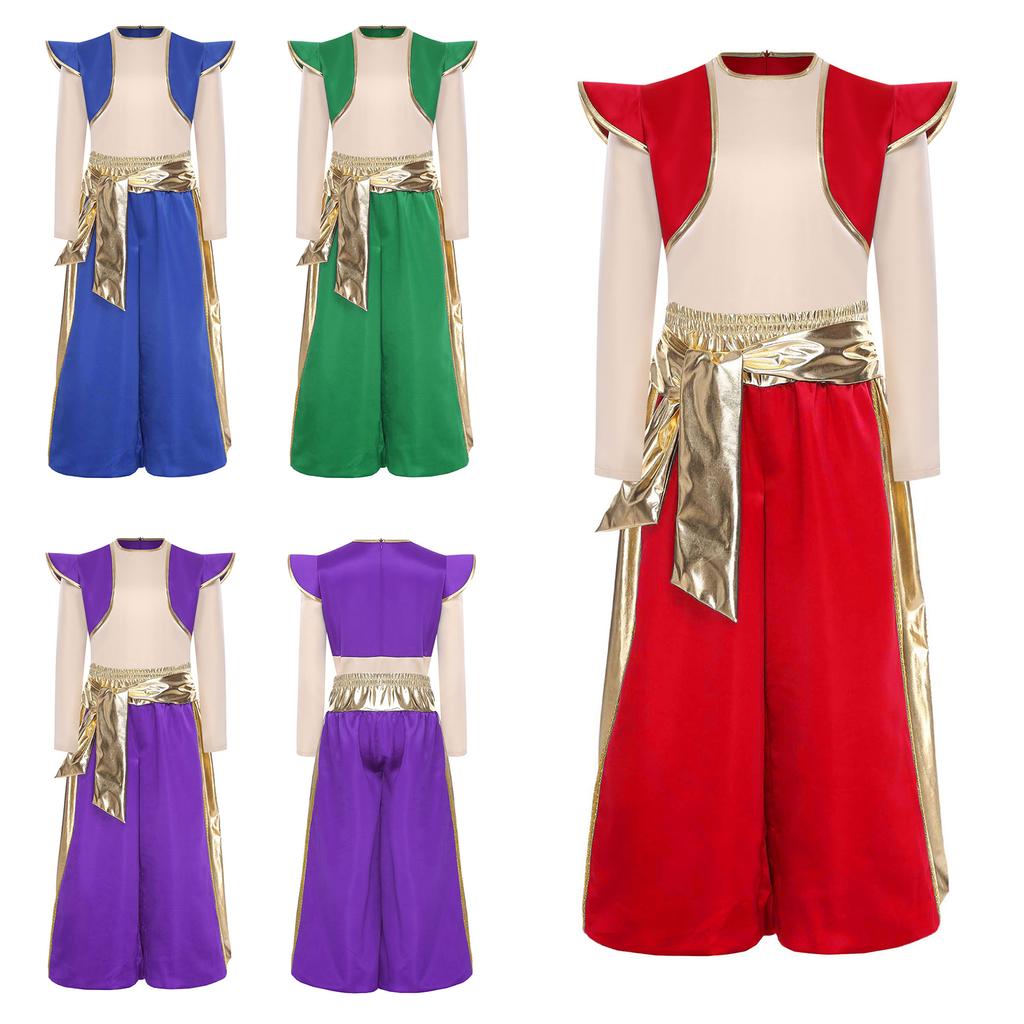 Boys Arabian Prince Cosplay Costume Long Sleeve Shirt with Metallic Shiny Patchwork Harem Pants