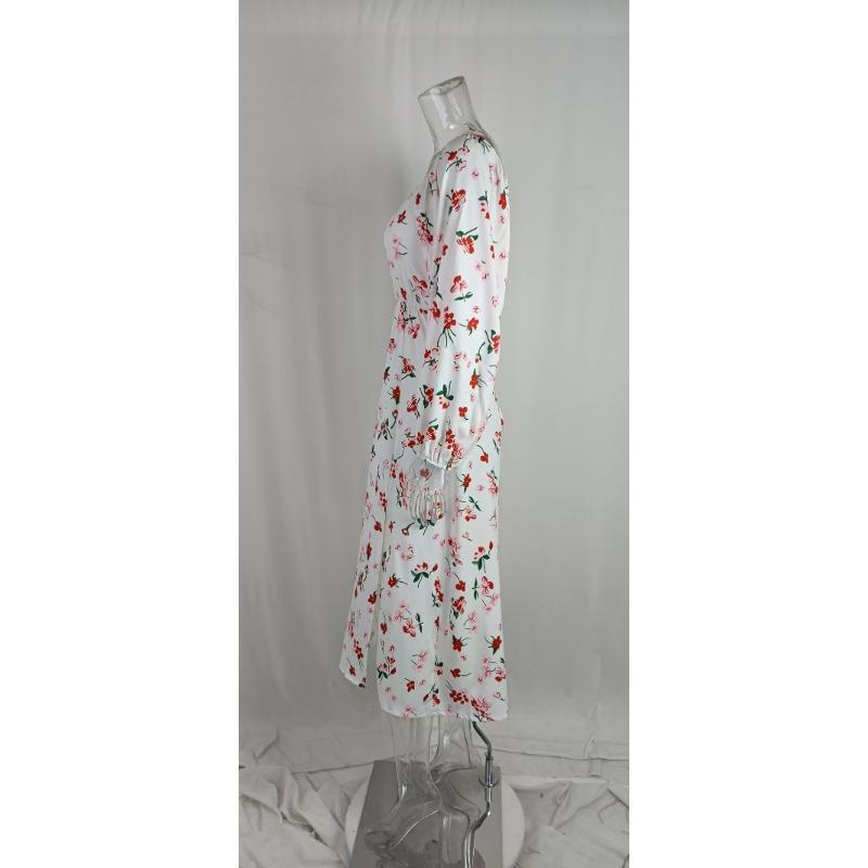 Printed Square Neck A-line Dress Women's Temperament Sexy Backless Slit Tied Dress Spring 2025