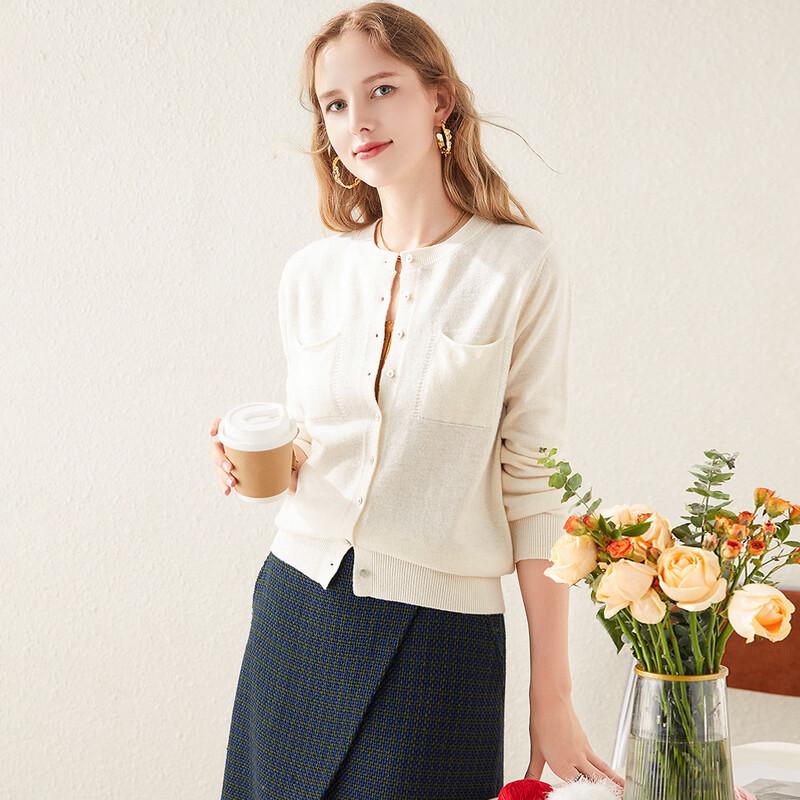 TUHUANG Women's Pure Wool Round Neck Cardigan Sweater