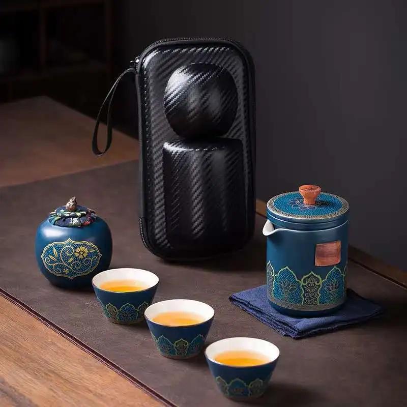Portable Tea Set 1 Teapot 3 Cups 1 Teabag Fast Guest Cup Set, Ceramic Tea Set, Home Office, Simple Outdoor Teapot, Tea Cup