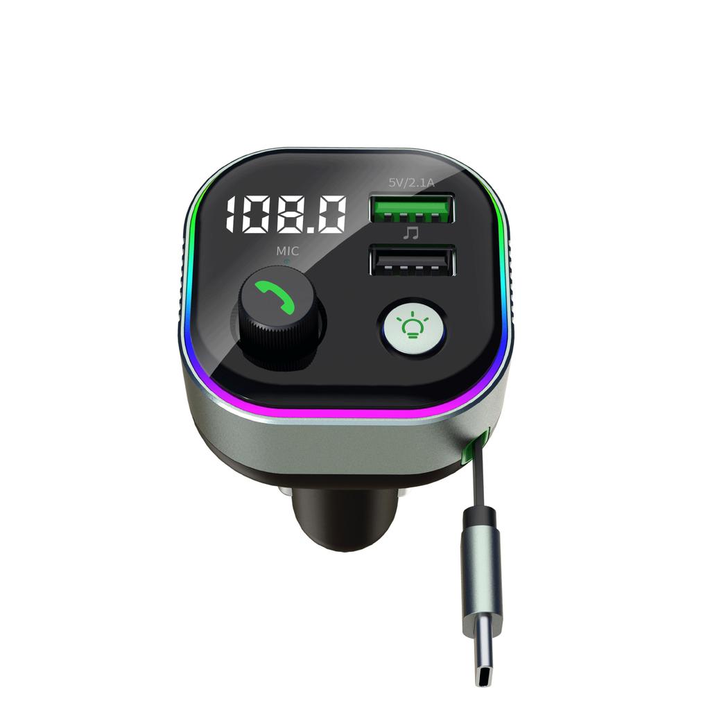 GZ11 65W PD Fast Charging Car Charger with Retractable Type C Cable Voltage Display Bluetooth-Compatible MP3 Player