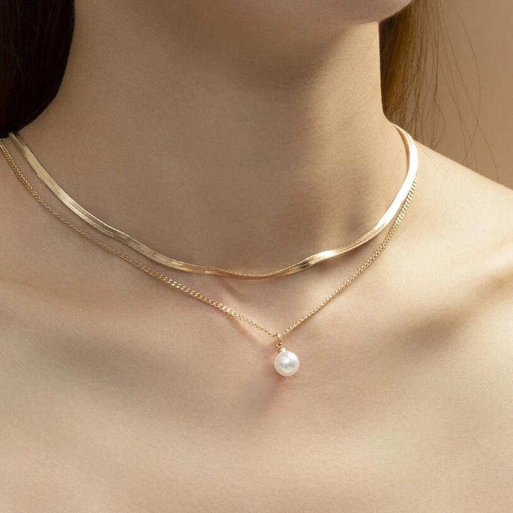 European and American Fashion, Simple Pearl Splicing Chain Necklace, Double-layer Women's Necklace Stacked with Wind Alloy Necklace